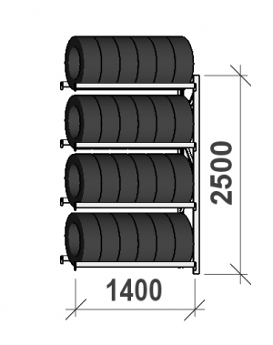 Däckställ följesektion 2500x1400x500, 4 hyllplan,600kg/plan