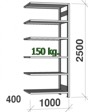 Lagerhylla följesektion 2500x1000x400 150kg/hyllplan,6 hyllor