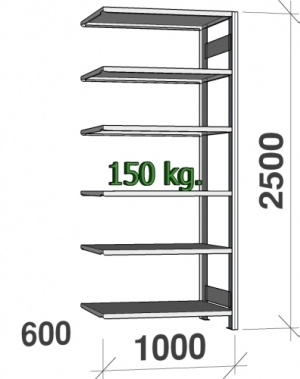 Lagerhylla följesektion 2500x1000x600 150kg/hyllplan,6 hyllor