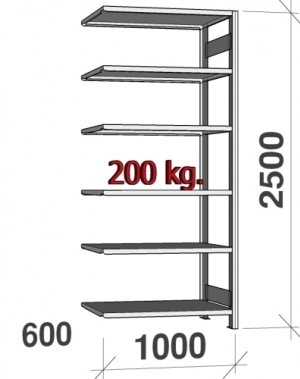 Lagerhylla följesektion 2500x1000x600 200kg/hyllplan,6 hyllor