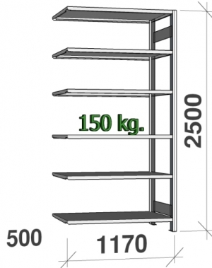 Lagerhylla följesektion 2500x1170x500 150kg/hyllplan,6 hyllor