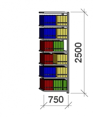 Arkivhylla följesektion 2500x750x300 200kg/hyllplan,7 hyllor