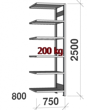 Varastohylly jatko-osa 2500x750x800 200kg/hyllytaso,6 tasoa