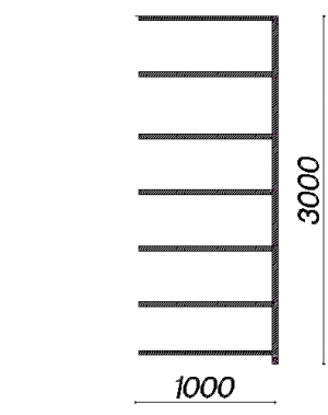 Lagerhylla följesektion 3000x1000x600 150kg/hyllplan,7 hyllor