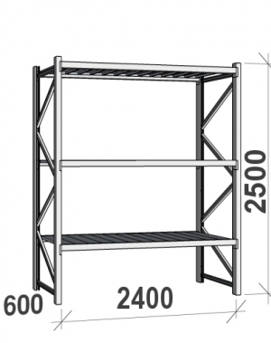 Lagerhylla startsektion 2500x2400x600 300kg/hyllplan,3 hyllor