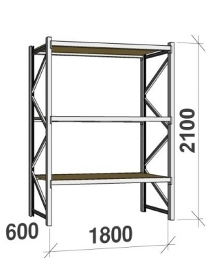Lagerhylla startsektion 2100x1800x600 480kg/hyllplan,3 hyllor, spånskiva begagn.