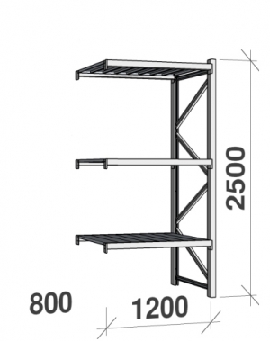 Lagerhylla följesektion 2500x1200x800 600kg/hyllplan 3 hyllor, zinkplåt