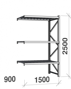 Lagerhylla följesektion 2500x1500x900 600kg/hyllplan 3 hyllor, zinkplåt