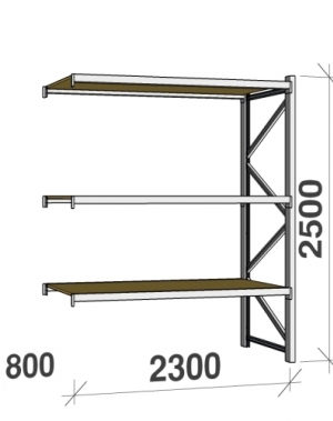 Lagerhylla följesektion 2500x2300x800 350kg/hyllplan 3 hyllor, spånskiva