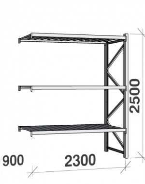 Lagerhylla följesektion 2500x2300x900 350kg/hyllplan 3 hyllor, zinkplåt