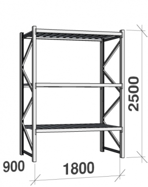 Lagerhylla startsektion 2500x1800x900 480kg/hyllplan,3 hyllor, zinkplåt