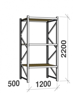Lagerhylla startsektion 2200x1200x500 600kg/hyllplan,3 hyllor, spånskiva