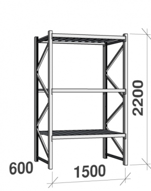 Lagerhylla startsektion 2200x1500x600 600kg/hyllplan,3 hyllor, zinkplåt