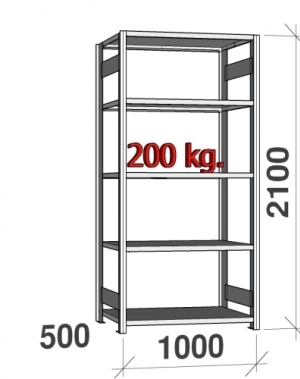 Varastohylly perusosa 2100x1000x500 200kg/hyllytaso,5 tasoa