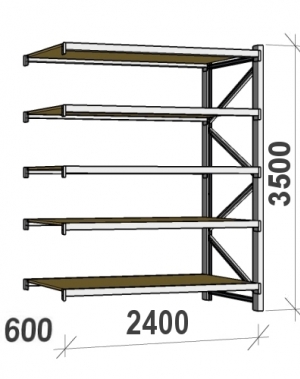 Metallihylly jatko-osa 3500x2400x600 300kg/taso,5 tasoa lastulevytasoilla MAXI