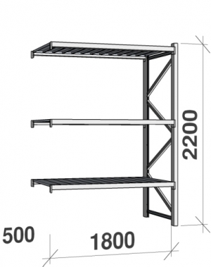 Lagerhylla följesektion 2200x1800x500 480kg/hyllplan 3 hyllor, zinkplåt