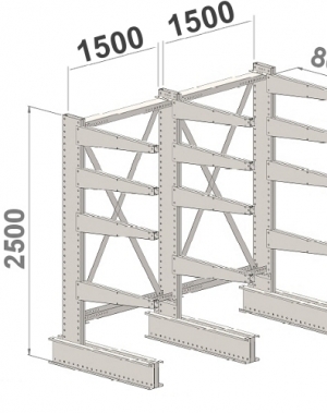 Enkelsidigt grenställ 3 st Pelare, 12 st Arm 800 mm/2500Hx3000Bx800D