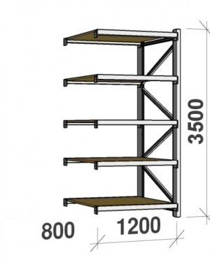 Metallihylly jatko-osa 3500x1200x800 600kg/taso,5 tasoa lastulevytasoilla MAXI