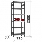 Lagerhylla startsektion 2500x750x600 200kg/hyllplan,6 hyllor