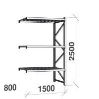 Lagerhylla följesektion 2500x1500x800 600kg/hyllplan 3 hyllor, zinkplåt