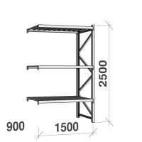 Lagerhylla följesektion 2500x1500x900 600kg/hyllplan 3 hyllor, zinkplåt