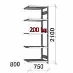 Lagerhylla följesektion 2100x750x800 200kg/hyllplan,5 hyllor