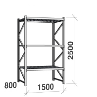 Lagerhylla startsektion 2500x1500x800 600kg/hyllplan,3 hyllor, zinkplåt